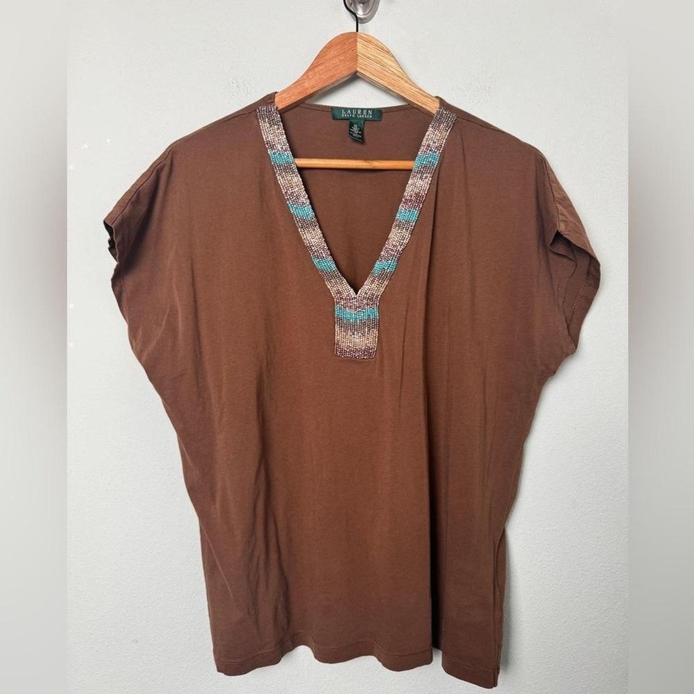 Lauren Ralph Lauren Southwestern Beaded Blouse Top Size XL